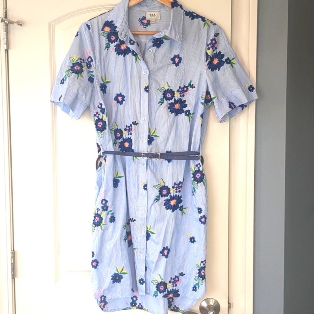 Mixed material floral embroidered shirt dress - Picture 1 of 4